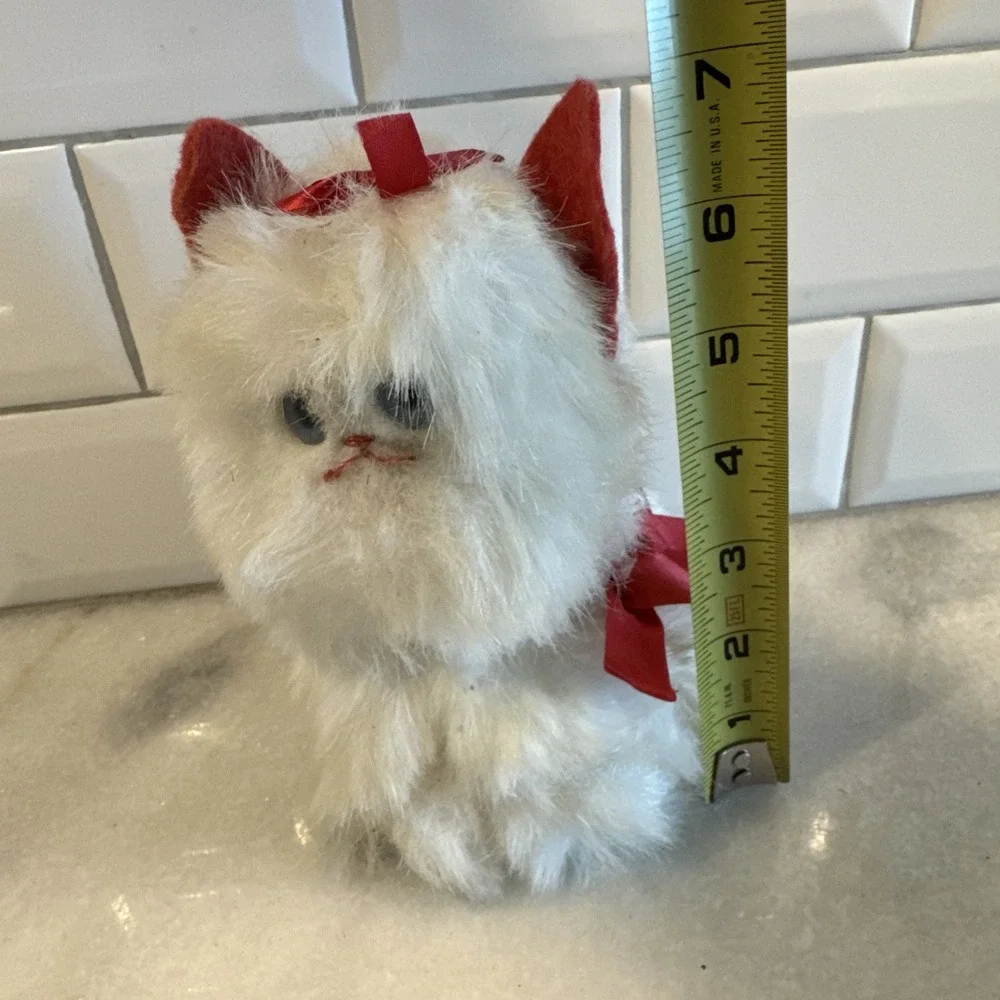 Vintage Fur‎ White Kitten 1980's Red Bow And Ears